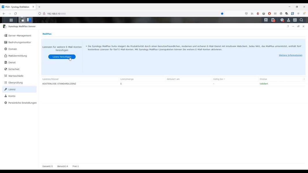 Synology Mail-Plus Lizenzen aktivieren