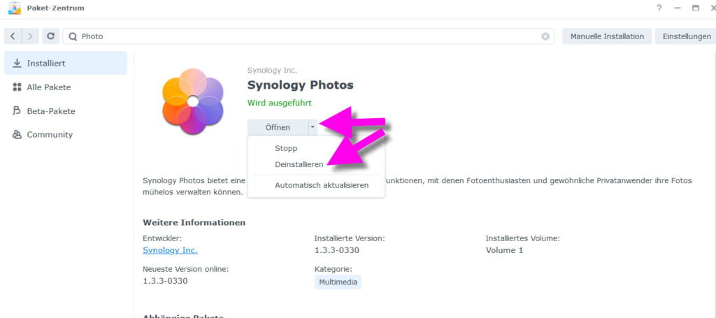 Synology Pakete entfernen