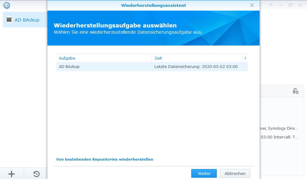 Rücksicherung Synology Domäne