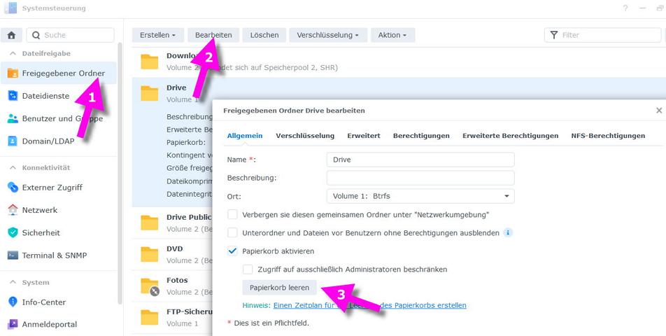 Synology Papierkorb ausleeren