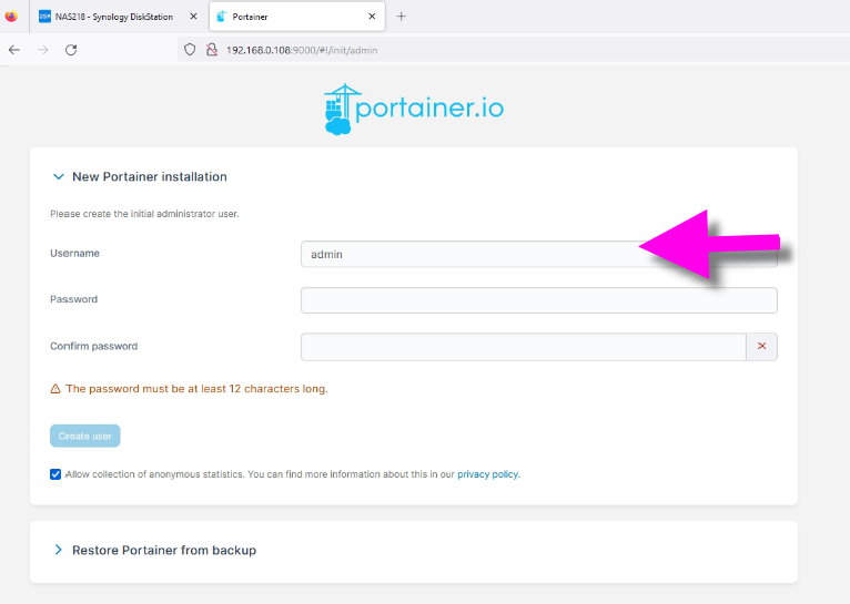 Portainer Admin-User anlegen