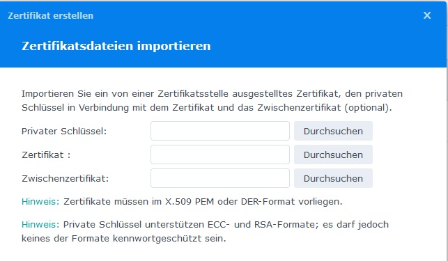 Synology Zertifikate importieren